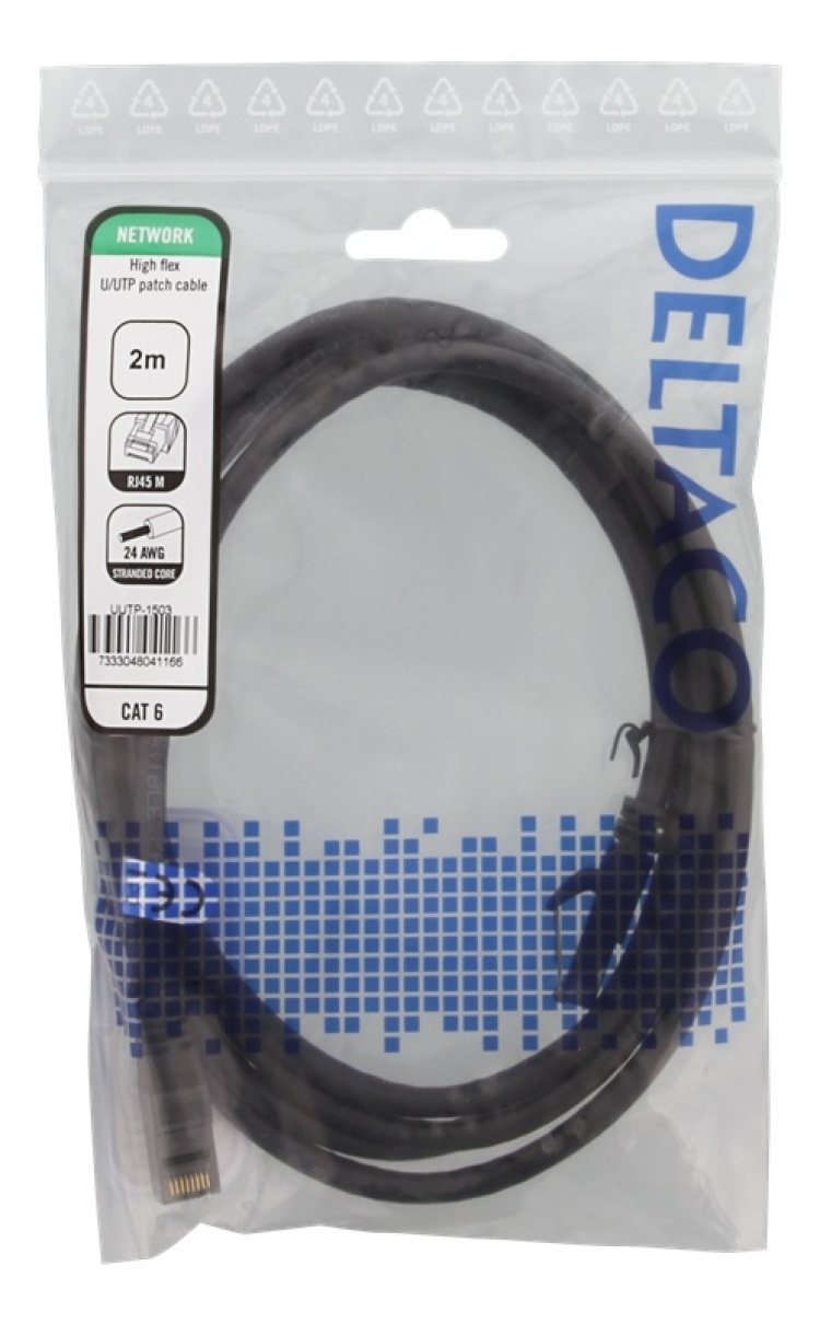 DELTACO laitekaapeli, U/UTP, Cat6, 2m, monilank., 24AWG, LSZH, musta