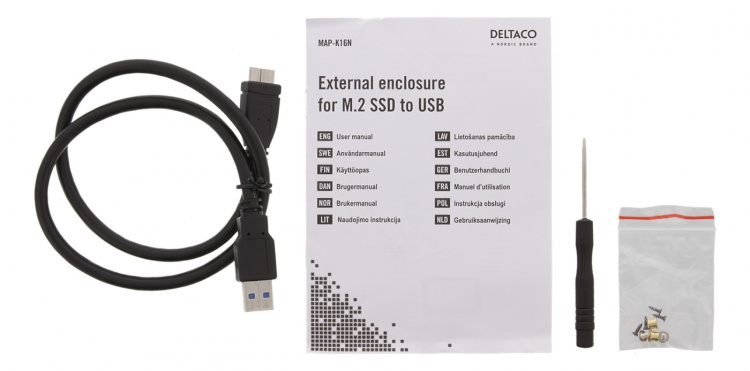 DELTACO ulkoinen M.2-kiintolevykotelo, USB 3.1 Gen 1, SATA III, musta