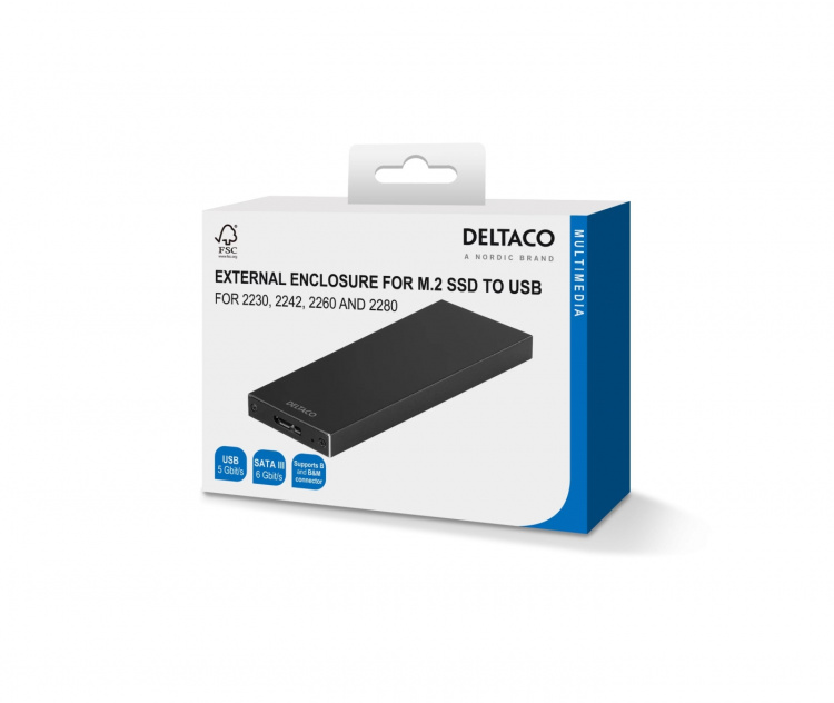 DELTACO ulkoinen M.2-kiintolevykotelo, USB 3.1 Gen 1, SATA III, musta