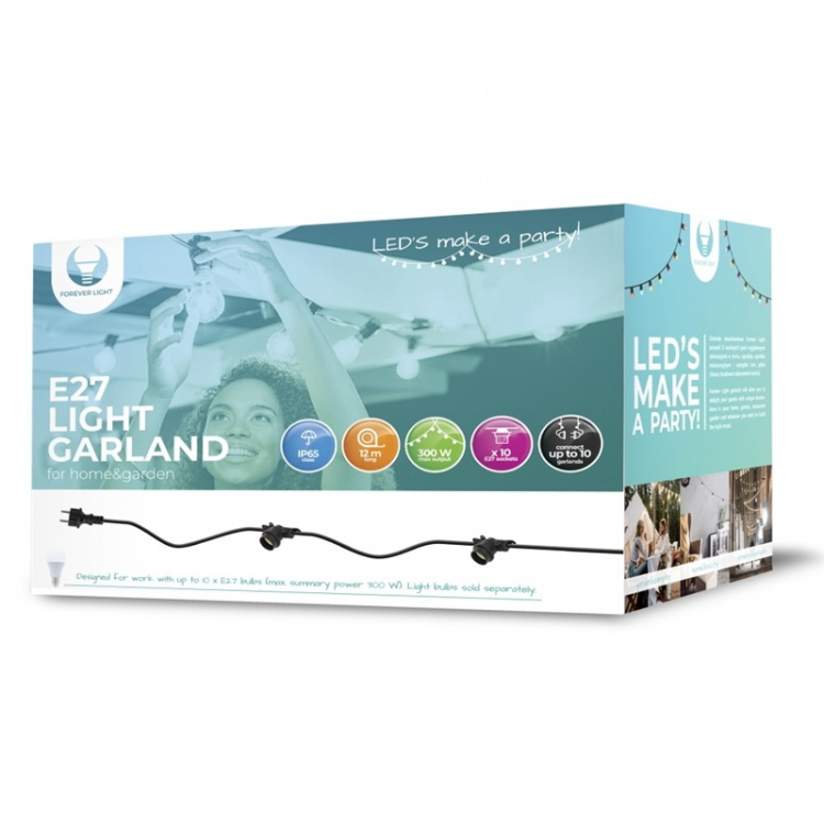 Forever Light Valonjohto, jossa tilaa 10 valolle, 12m E27 IP65 Forever Light Valonjohto, jossa tilaa 10 valolle, 12m E27 IP65