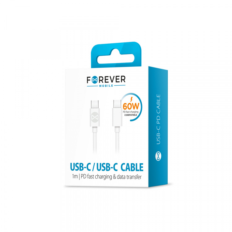 Forever-kaapeli USB-C - USB-C 1.0 m 3A, valkoinen