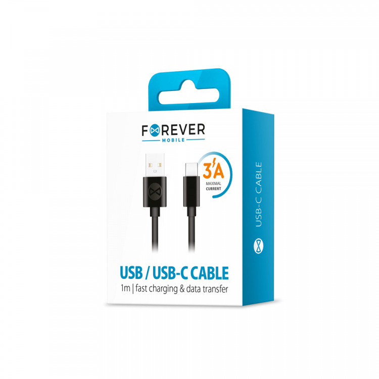 Forever-kaapeli USB - USB-C 1.0 m 3A, musta Forever-kaapeli USB - USB-C 1.0 m 3A, musta