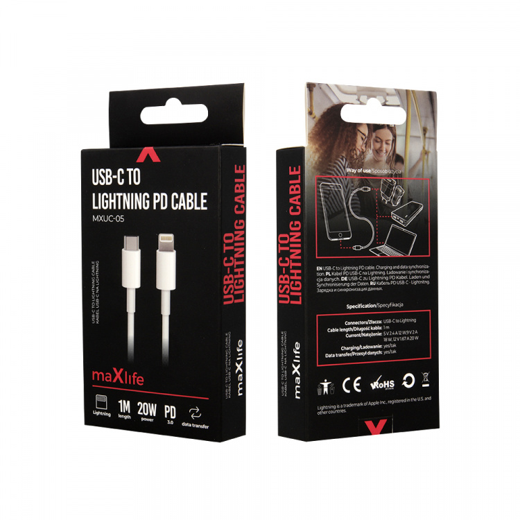 Maxlife MXUC-05 Power Direct USB-C Lightning-kaapeli 1,0 m 20W, valkoinen