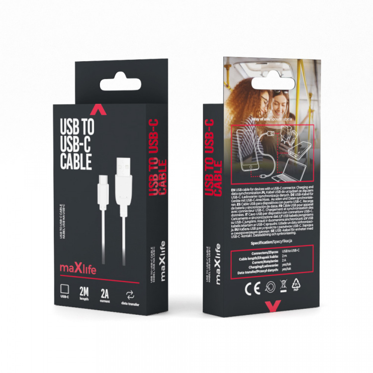 Maxlife-kaapeli USB - USB-C 2,0 m 2A, valkoinen
