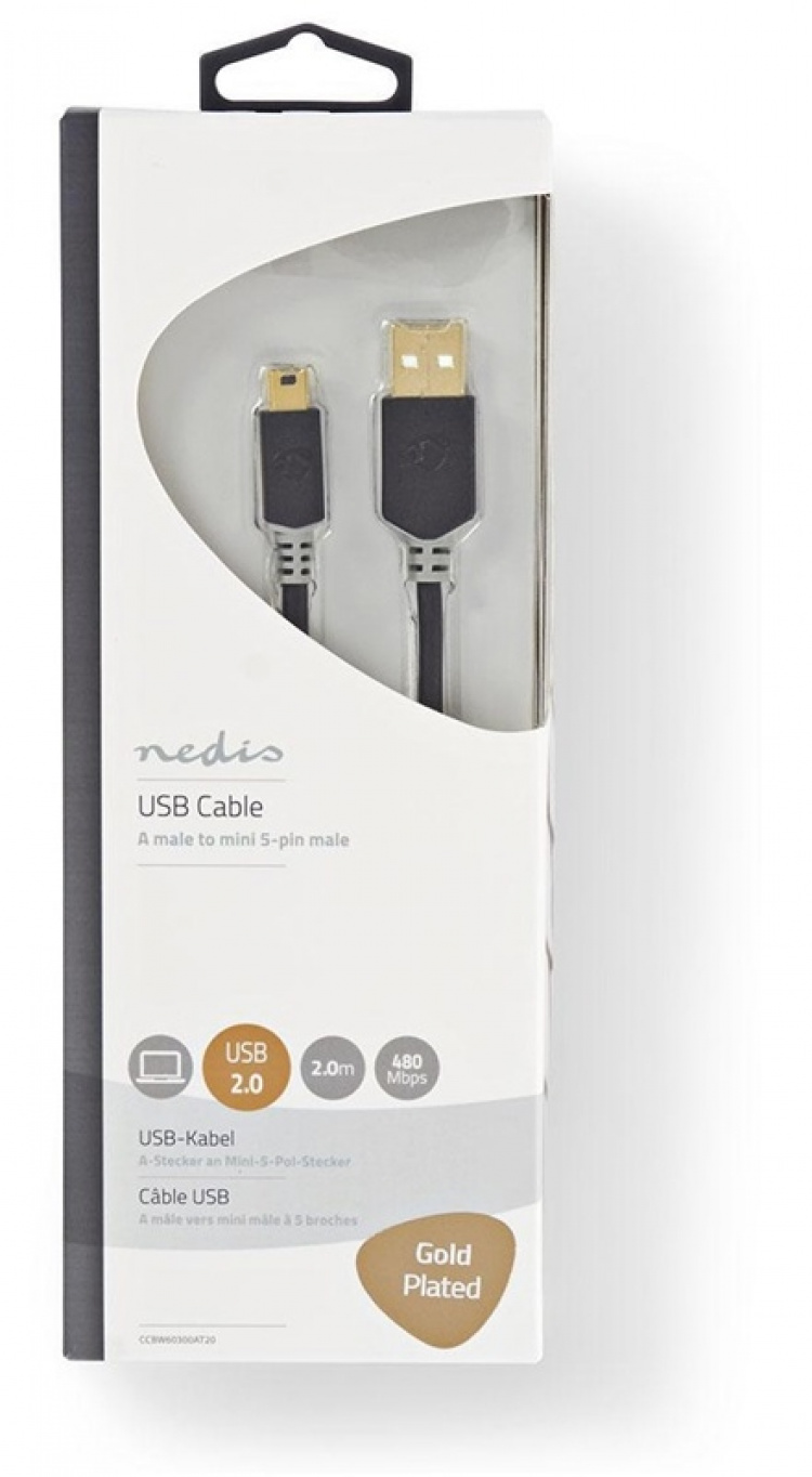 Nedis USB kaapeli | USB 2.0 | USB-A Uros | USB Mini-B 5 pin Uros | 480 Mbps | Kullattu | 2.00 m | Pyöreä | PVC | Antrasiitti | Ikkunallinen laatikko