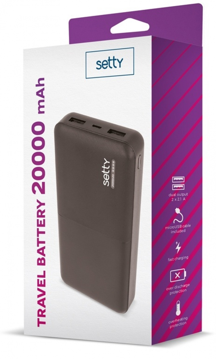 Setty powerbank 20 000mAh & kaksi USB-porttia, musta