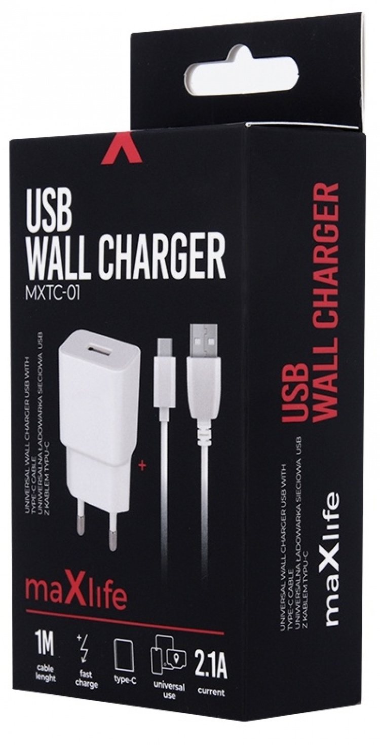 Maxlife USB-pikalaturi + USB-C-kaapeli, valkoinen (2,1A)