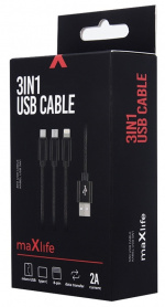 3in1 USB-pikalatauskaapeli - microUSB/USB-C/Lightning (2.1A), musta 3in1 USB-pikalatauskaapeli - microUSB/USB-C/Lightning (2.1A), musta