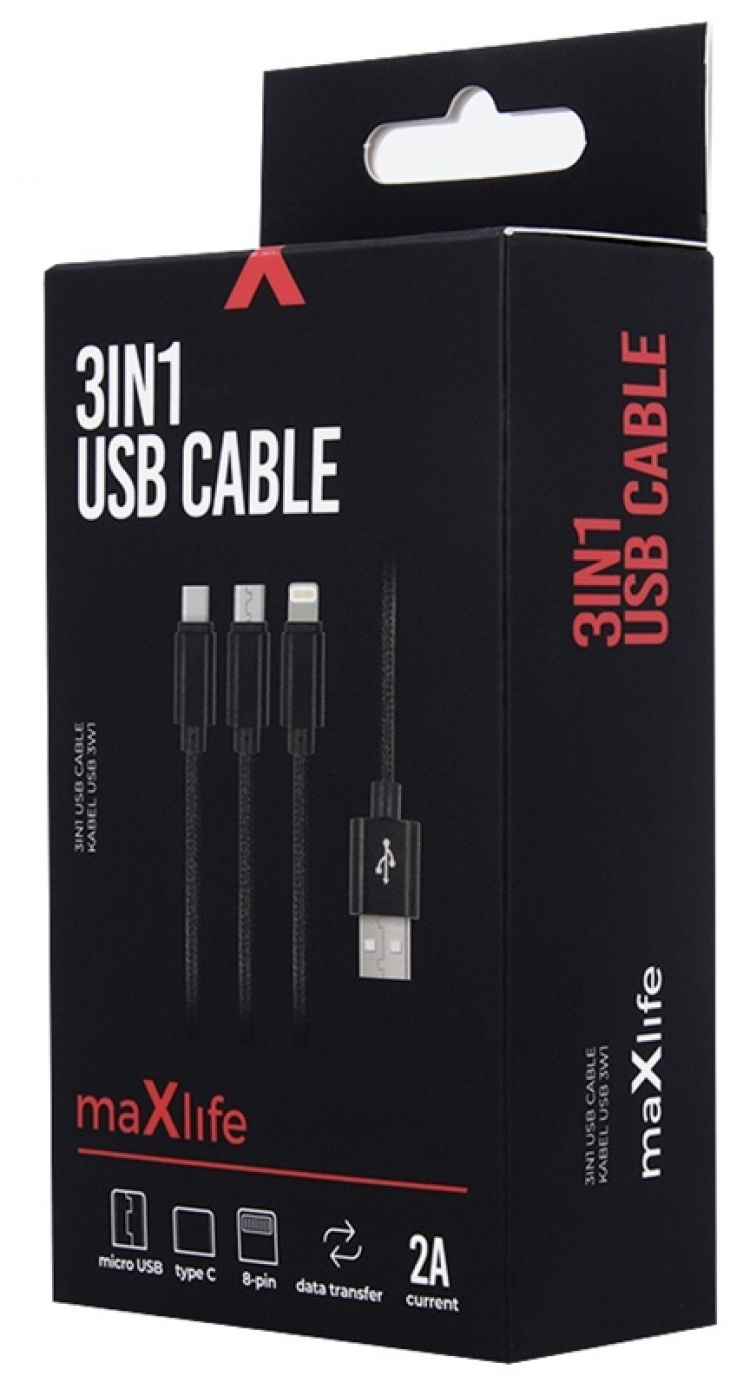 3in1 USB-pikalatauskaapeli - microUSB/USB-C/Lightning (2.1A), musta 3in1 USB-pikalatauskaapeli - microUSB/USB-C/Lightning (2.1A), musta