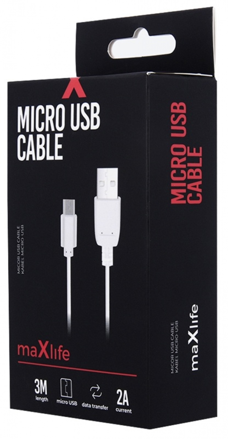 Maxlife microUSB pikalatauskaapeli (2A) 3m, valkoinen Maxlife microUSB pikalatauskaapeli (2A) 3m, valkoinen
