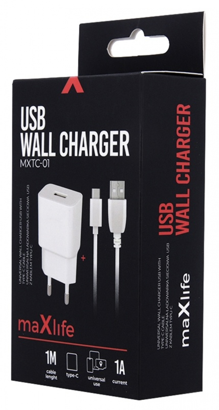 Maxlife väggladdare med USB-utgång, inklusive USB-C kabel, 1A, vit
