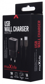 Maxlife seinälaturi MXTC-01 USB (1A) + microUSB-kaapeli, musta Maxlife seinälaturi MXTC-01 USB (1A) + microUSB-kaapeli, musta