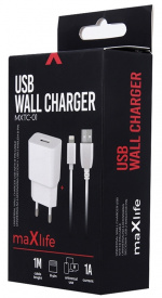 Maxlife seinälaturi MXTC-01 USB (1A) + Lightning-kaapeli, valkoinen Maxlife seinälaturi MXTC-01 USB (1A) + Lightning-kaapeli, valkoinen