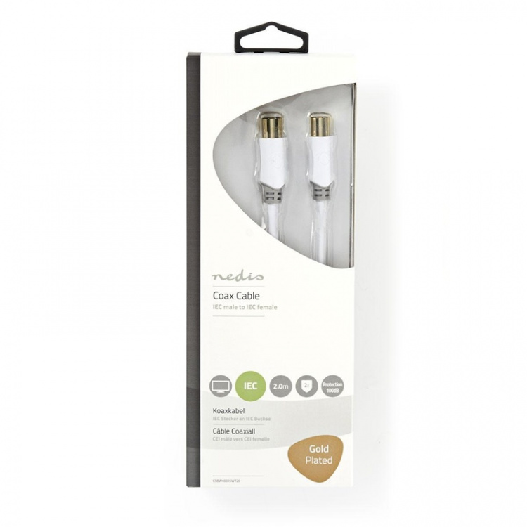 Nedis Koaksiaalikaapeli | IEC (Coax) Uros | IEC (Coax) Naaras | Kullattu | 100 dB | 75 Ohm | Tuplasuojattu | 2.00 m | Pyöreä | PVC | Valkoinen | Laatikko Nedis Koaksiaalikaapeli | IEC (Coax) Uros | IEC (Coax) Naaras | Kullattu | 100 dB | 75 Ohm | Tuplasuojattu | 2.00 m | Pyöreä | PVC | Valkoinen | Laatikko