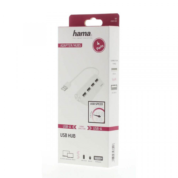 Hama Hub USB-A 2.0 4x Porttia 480 Mbit/s Valkoinen Hama Hub USB-A 2.0 4x Porttia 480 Mbit/s Valkoinen