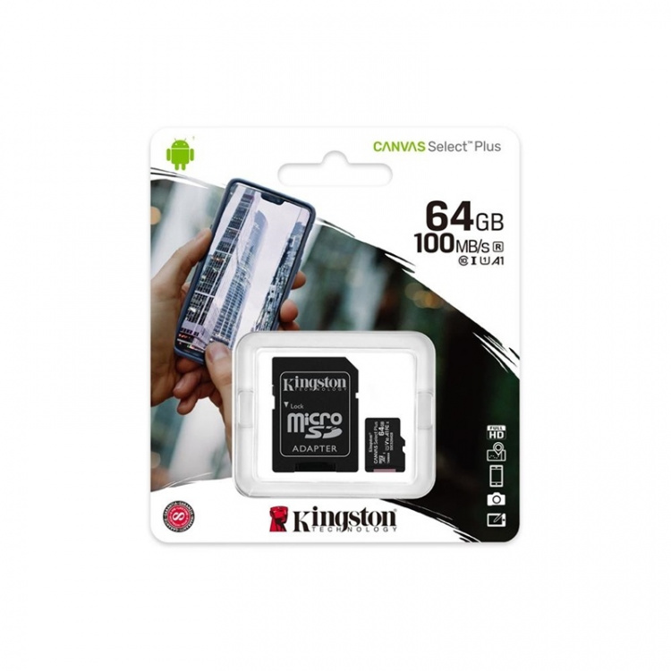 Kingston Canvas Select Plus - microSDXC 64GB, class 10, UHS-I, 100MB/s + adapter