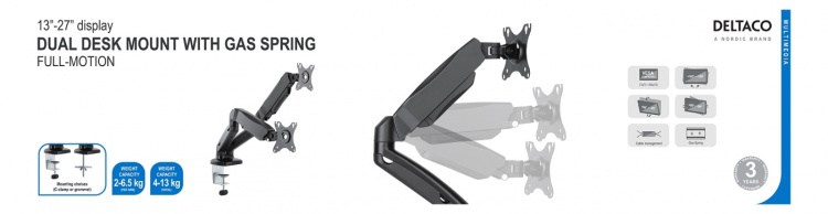 DELTACO kahden näytön pöytävarsi, kaasujousi, 17