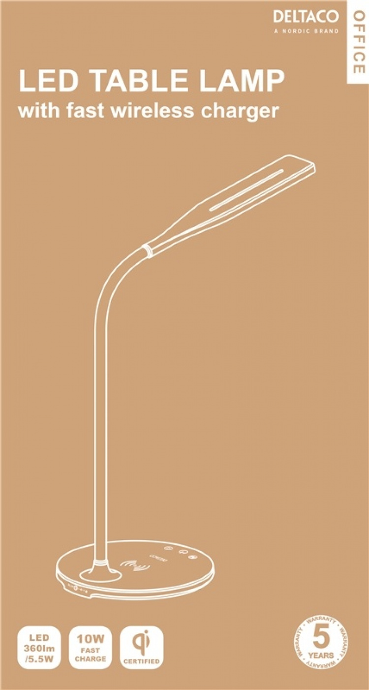 DELTACO OFFICE LED-pöytälamppu, langaton pikalataus, ajastin, valk.