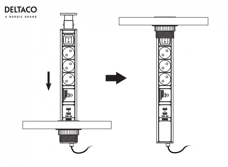 DELTACO OFFICE ylös ponnahtava pöytäjatkojohto, ylijännitesuoja, musta