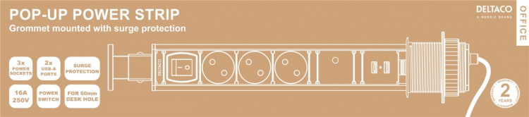 DELTACO OFFICE ylös ponnahtava pöytäjatkojohto, ylijännitesuoja, musta