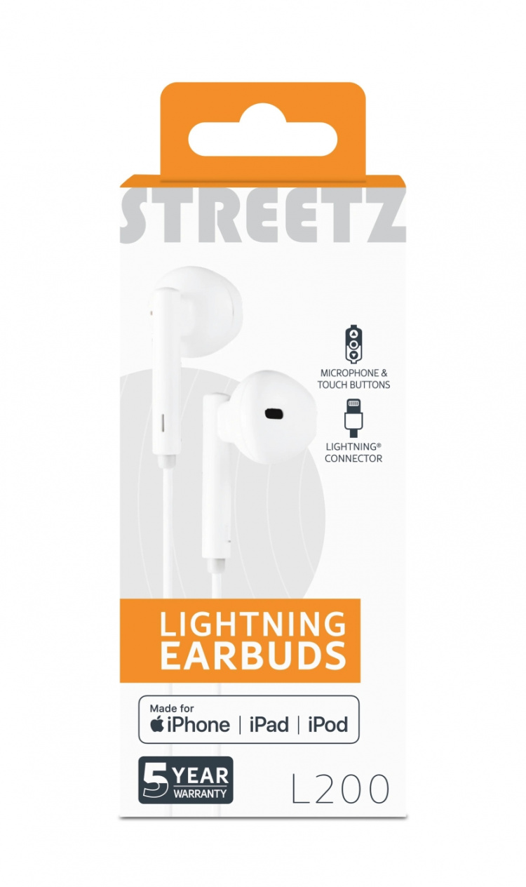 STREETZ Lightning-kuulokemikrofoni, in-ear, MFi, äänenv. säätö, valk.