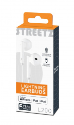 STREETZ Lightning-kuulokemikrofoni, in-ear, MFi, äänenv. säätö, valk.