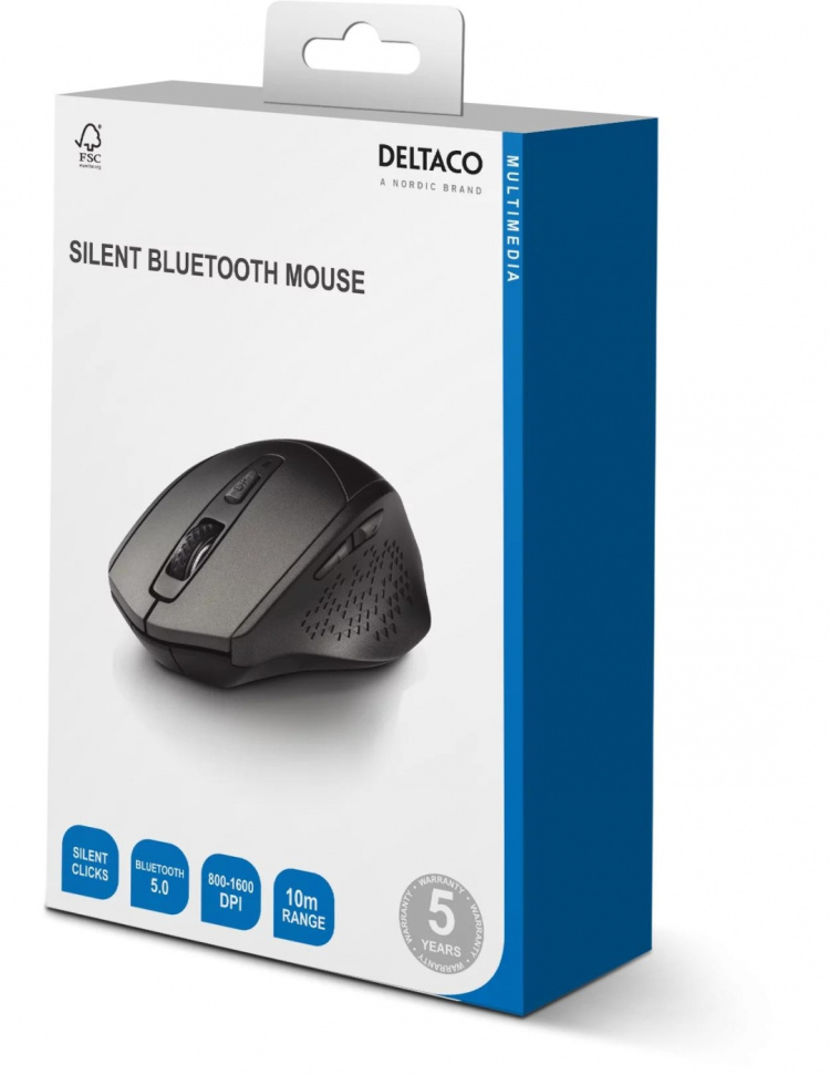 DELTACO Bluetooth-hiiri, hiljaiset painikkeet, 800-1600 dpi, harmaa