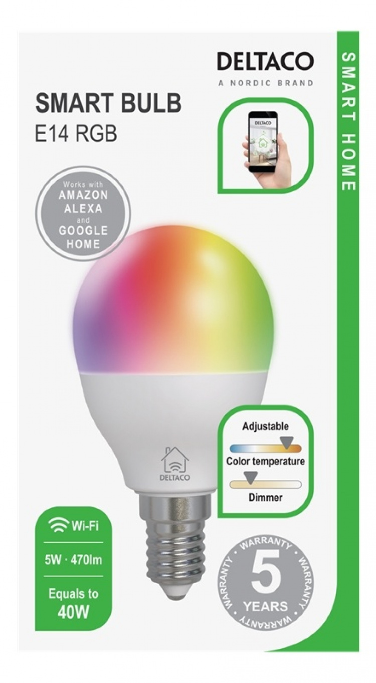 DELTACO SMART HOME RGB-älylamppu, E14, 2,4GHz, 5W, 470lm