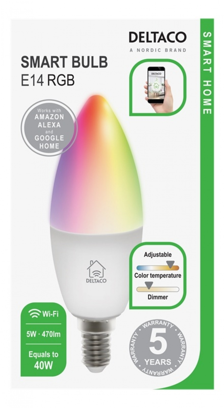 DELTACO SMART HOME RGB-älylamppu, E14, 2,4GHz, 5W, 470lm