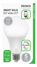 DELTACO SMART HOME LED-älylamppu, E27, WiFi, 9W, 2700K-6500K, himmenn.