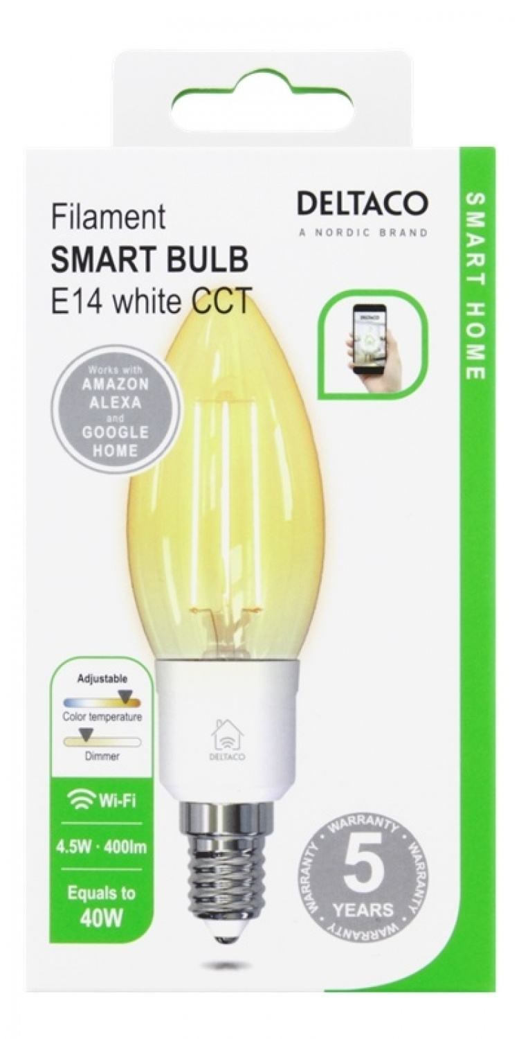 DELTACO SMART HOME LED-älylamppu, hehkulankajäljitelmä, E14, valkoinen