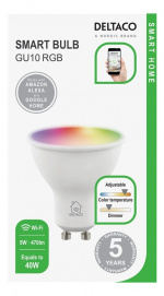 DELTACO SMART HOME RGB-älylamppu, GU10, 2,4GHz, 5W, 470lm