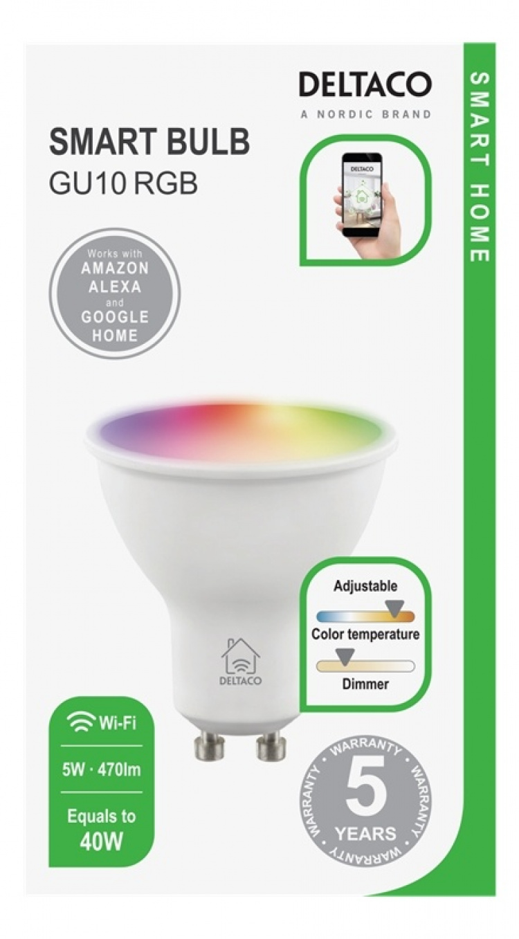 DELTACO SMART HOME RGB-älylamppu, GU10, 2,4GHz, 5W, 470lm