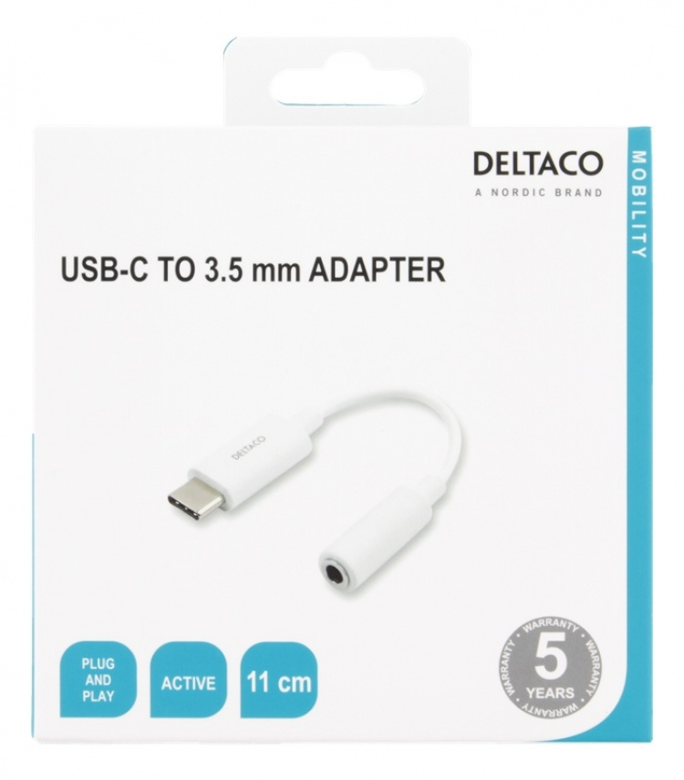 DELTACO sovitin USB-C - 3,5mm, stereoääni, aktiivinen, 11cm, valkoinen DELTACO sovitin USB-C - 3,5mm, stereoääni, aktiivinen, 11cm, valkoinen