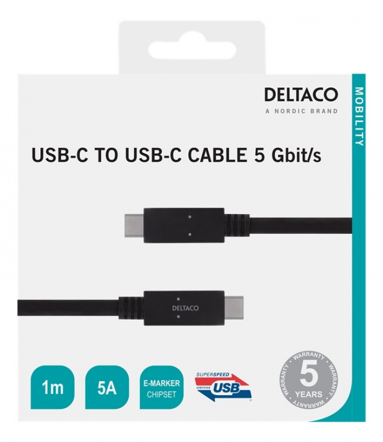 DELTACO USB-C-kaapeli, 5Gbit/s, 5A, 1m, musta DELTACO USB-C-kaapeli, 5Gbit/s, 5A, 1m, musta