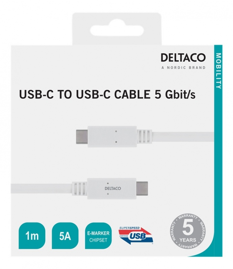 DELTACO USB-C-kaapeli, 5Gbit/s, 5A, 1m, valkoinen