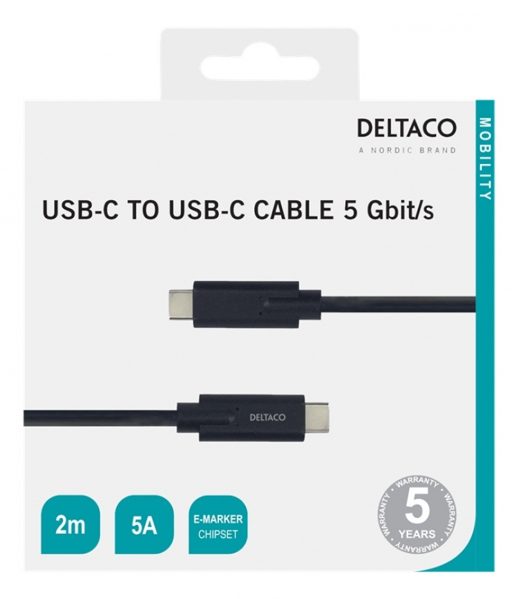 DELTACO USB-C-kaapeli, 5Gbit/s, 5A, 2m, musta DELTACO USB-C-kaapeli, 5Gbit/s, 5A, 2m, musta