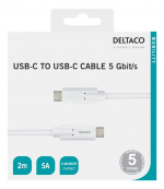 DELTACO USB-C-kaapeli, 5Gbit/s, 5A, 2m, valkoinen DELTACO USB-C-kaapeli, 5Gbit/s, 5A, 2m, valkoinen