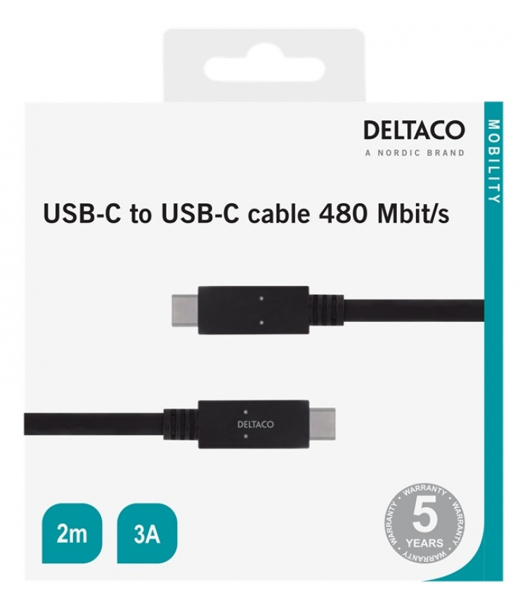 DELTACO USB-C 2.0 -kaapeli, 2m, USB-IF:n sertifioima, 480Mbit/s, musta