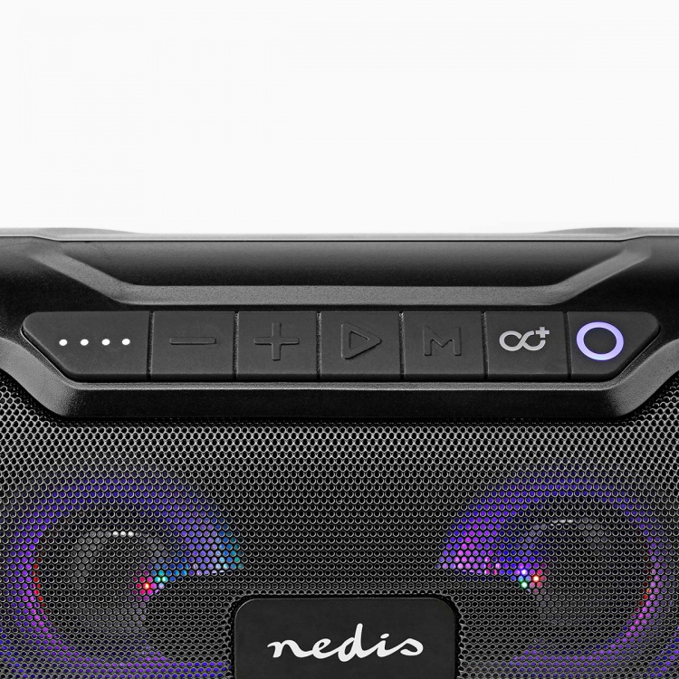 Nedis Bluetooth® Party Boombox | 6 tuntia | 2.0 | 80 W | Median toisto: AUX / Micro SD / USB | IPX5 | Linkitettävä | Kantokahva | Juhlavalot | Musta