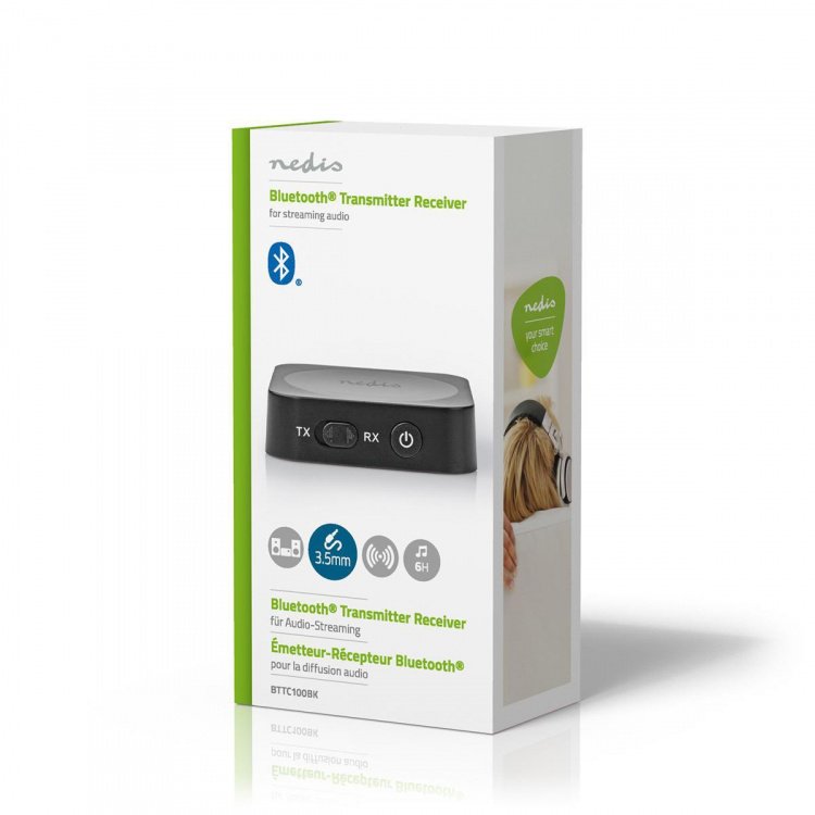 Nedis Bluetooth ® lähetin/vastaanotin | Tuloliitäntä: 1x AUX | Lähtöliitäntä: 1x AUX | SBC | Enintään 1 laite | Jopa 6 tuntia | Automaattinen virrankatkaisutoiminto | Musta