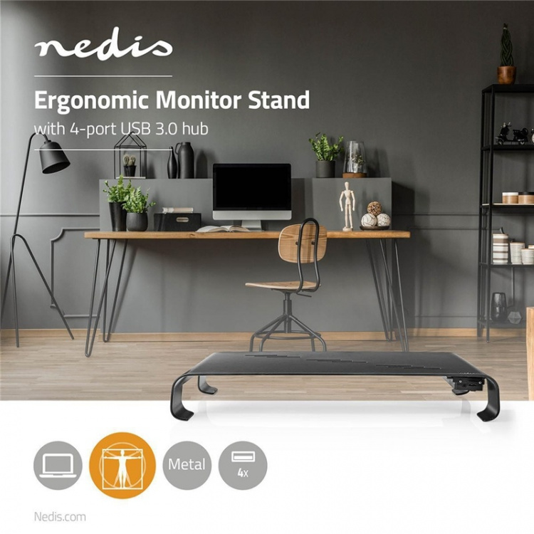 Nedis Monitoriteline | Ergonomia: Yes | Maksimi kantokapasiteetti: 18 kg | Yleismalli | USB-keskitin | Säädettävä korkeus: Ei