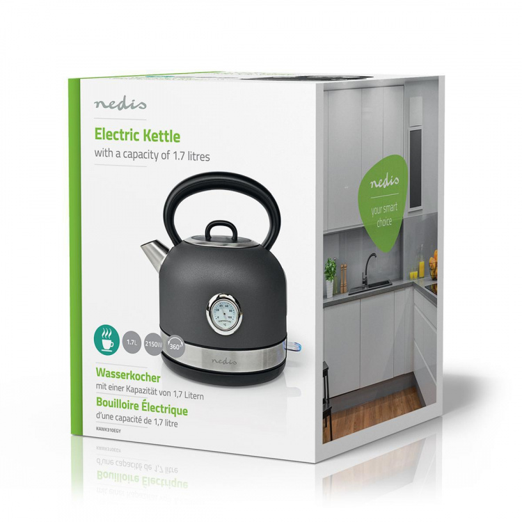 Nedis Vedenkeitin | 1.7 l | Ruostumaton Teräs | Harmaa | Lämpötilailmaisin | Pyörivä 360 astetta | Piilotettu lämmityselementti | Strix® ohjain | Tyhjäksi kiehumisen suoja