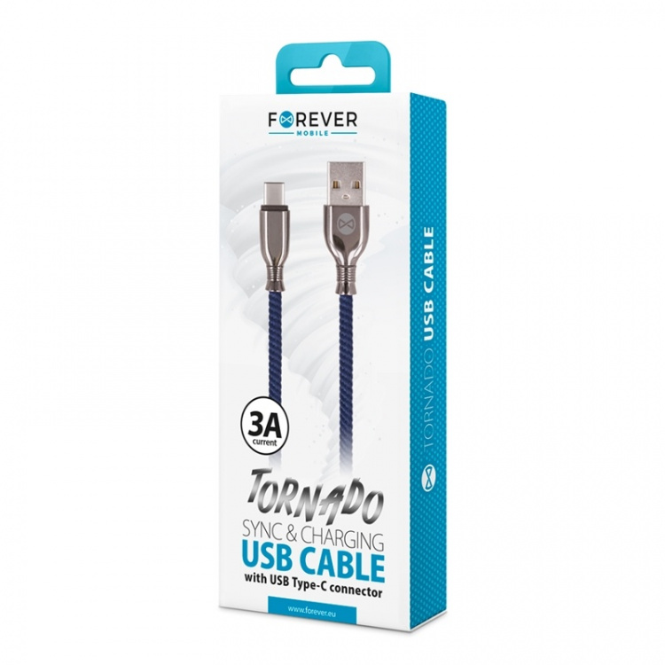 Forever Tornado - USB-C-kaapeli pikalataukseen (3A), 1m, tummansininen, laivastonsininen