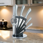 8-osainen veitsisarja, pyörivä veitsiteline, ruostumattomasta teräksestä valmistetut veitset 8-osainen veitsisarja, pyörivä veitsiteline, ruostumattomasta teräksestä valmistetut veitset