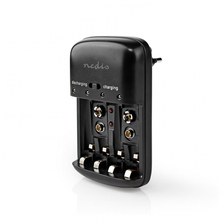 Nedis NiMH akkulaturi AA / AAA | 1.2 / 9 V DC | 0.5 A A | Trickle-lataus | Euro/Tyyppi C (CEE 7/16) | Akun tyyppi: AA / AAA / E-paristo | Musta