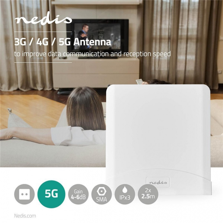 Nedis 5G / 4G / 3G Antenni | 5G | Sisä- tai ulkotila | 698-5000 MHz | Vahvistus: 6 dB | 2.50 m | Valkoinen