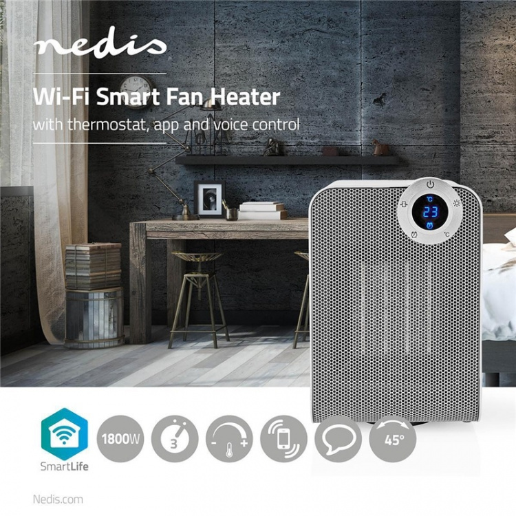 Nedis SmartLife keraaminen PTC-tuuletinlämmitin | 1800 W | 3 Lämpöasetusta | Oskillaatio | Näyttö | 15 - 35 °C | Android™ / IOS | Valkoinen