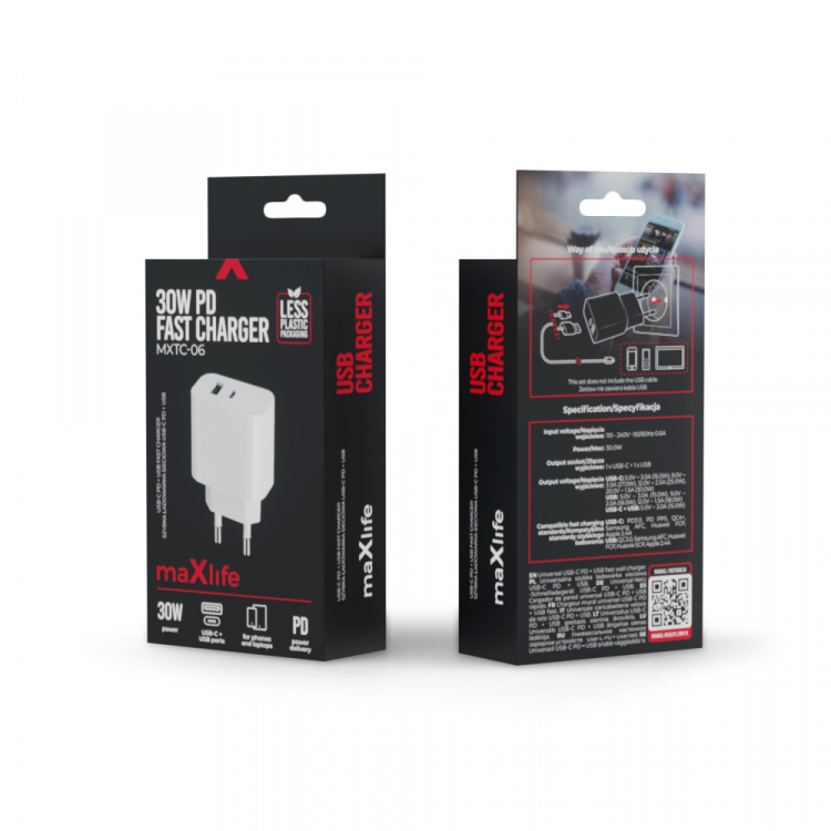 Maxlife MXTC-06 - PD QC seinälaturi 1x USB-C, 1x USB, 30W, valkoinen