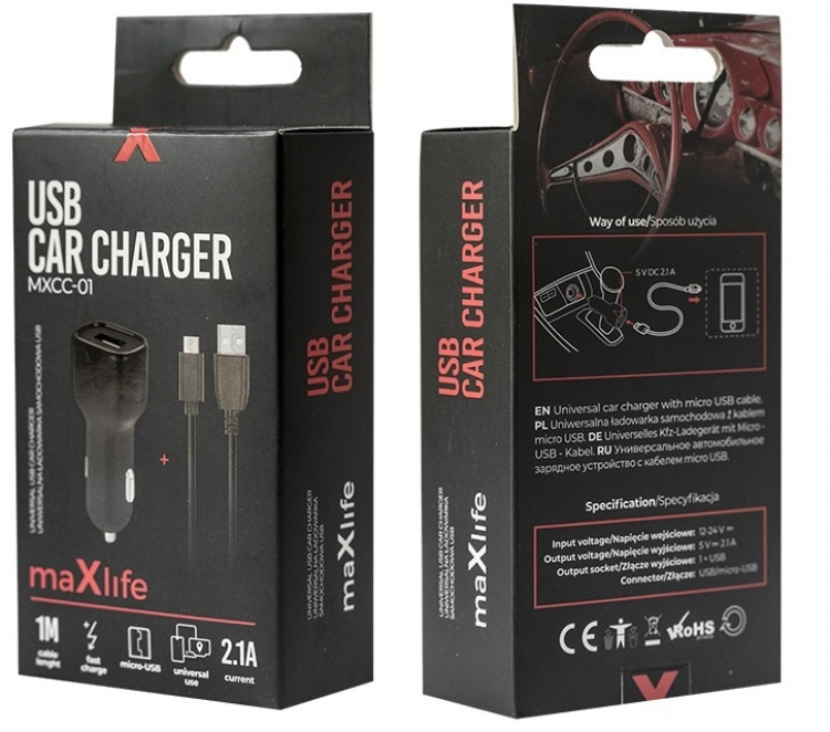 Maxlife MXCC-01 USB-autolaturi 1x USB 2.1A + microUSB-kaapeli